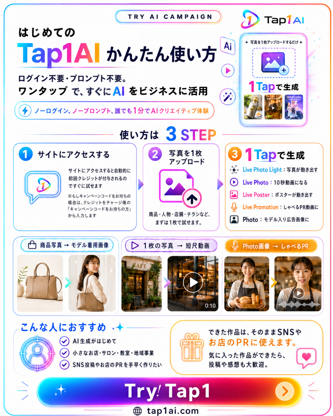 Tap1AI 1分でわかる使い方。サイトへアクセスし、写真を1枚アップロードして、モードを選んで生成します。